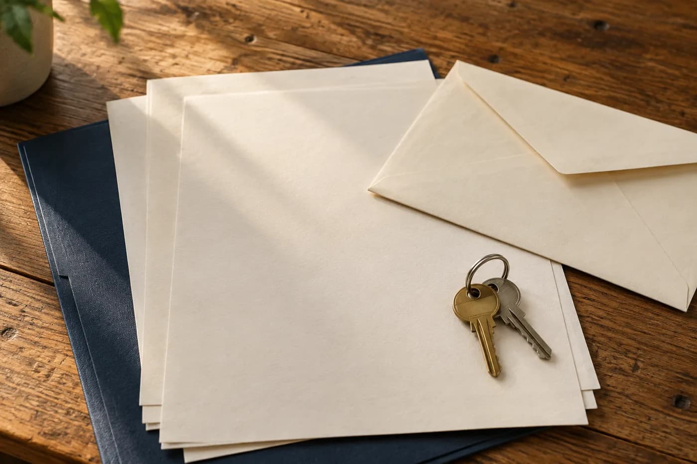 House keys resting on papers beside a plain envelope
