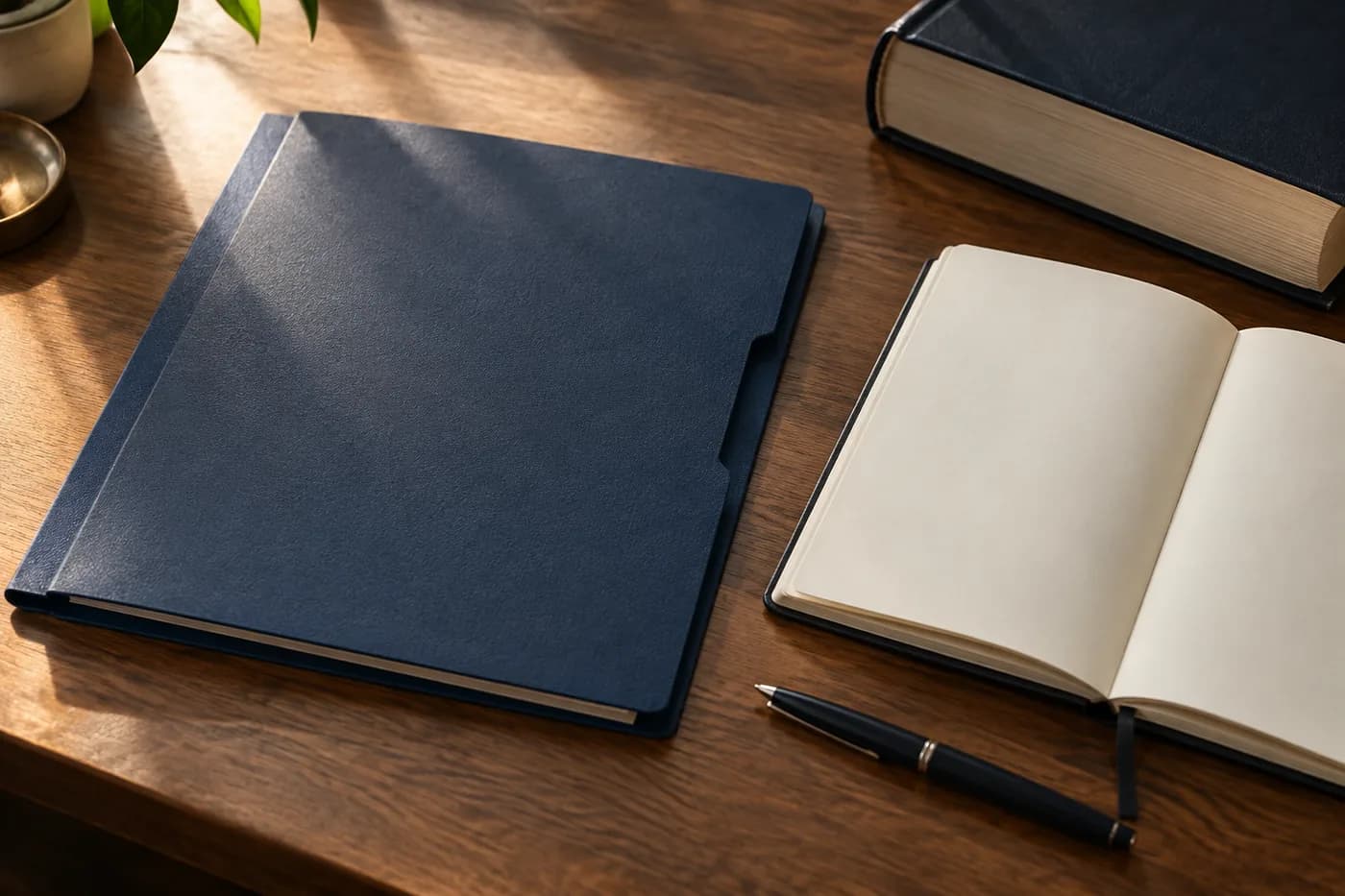 A navy folder, notebook and reference book arranged for a discussion