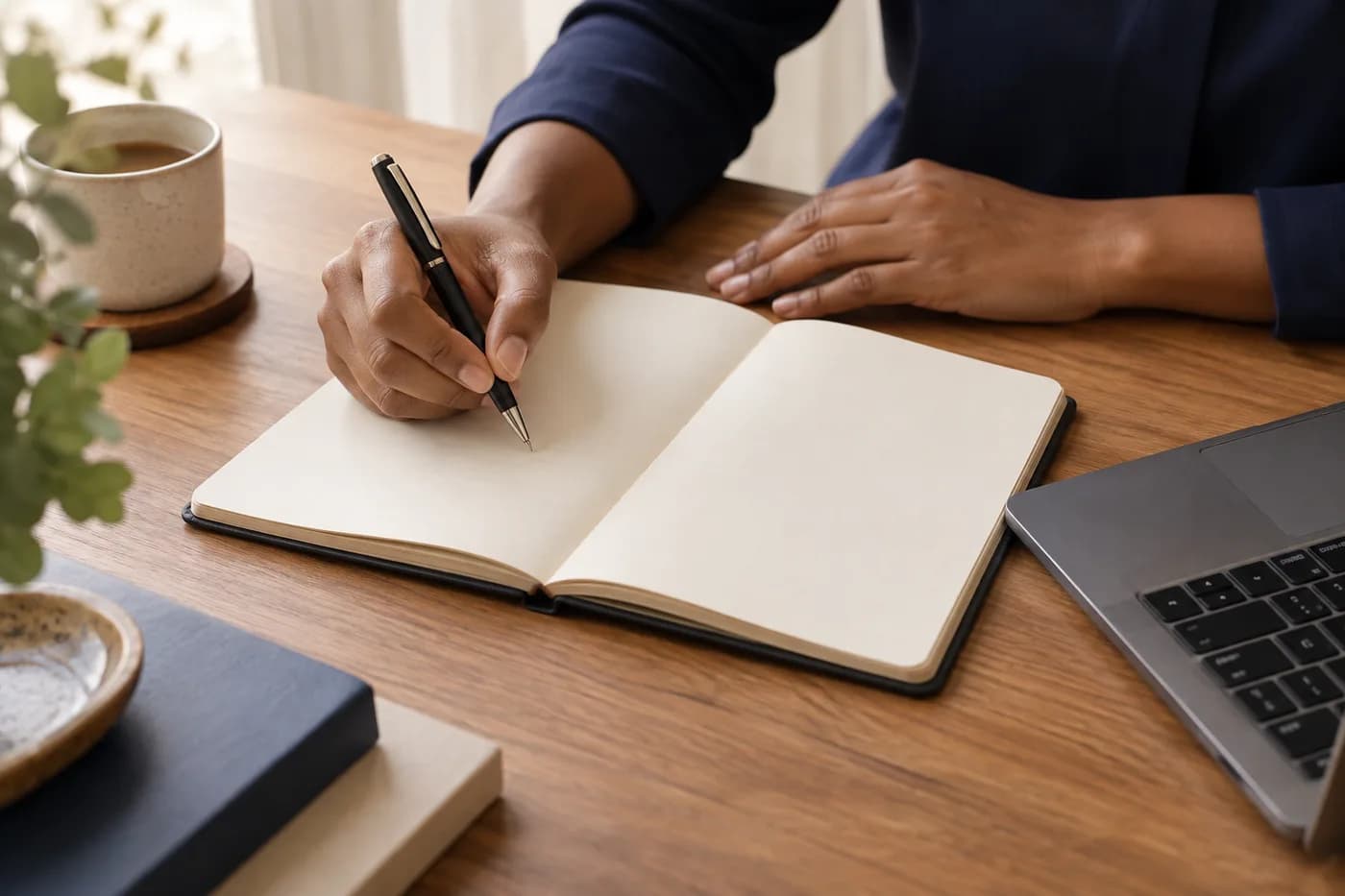 Hands and a notebook beside a laptop at a work desk
