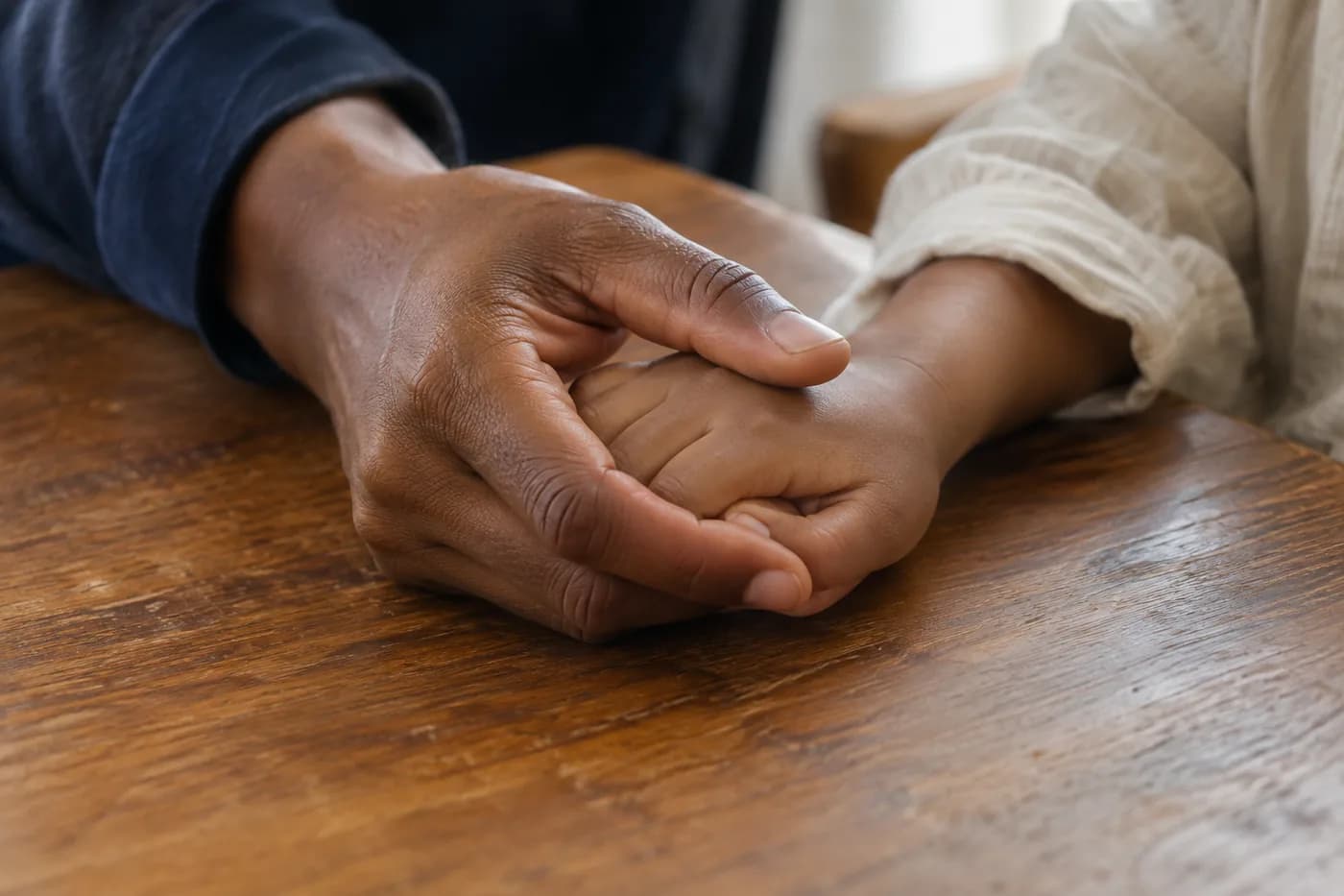 An adult hand gently holding a child’s hand beside a wooden table