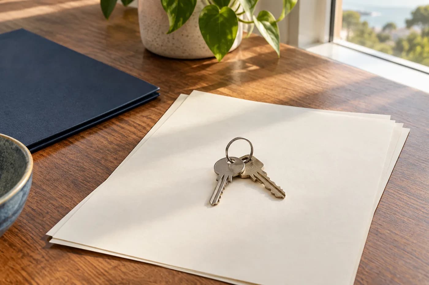 House keys and papers beside a sunlit window