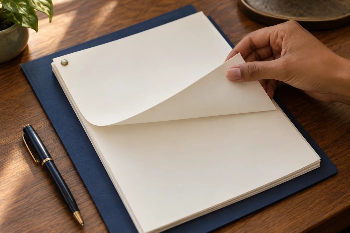 A hand turning a page of a document beside a pen
